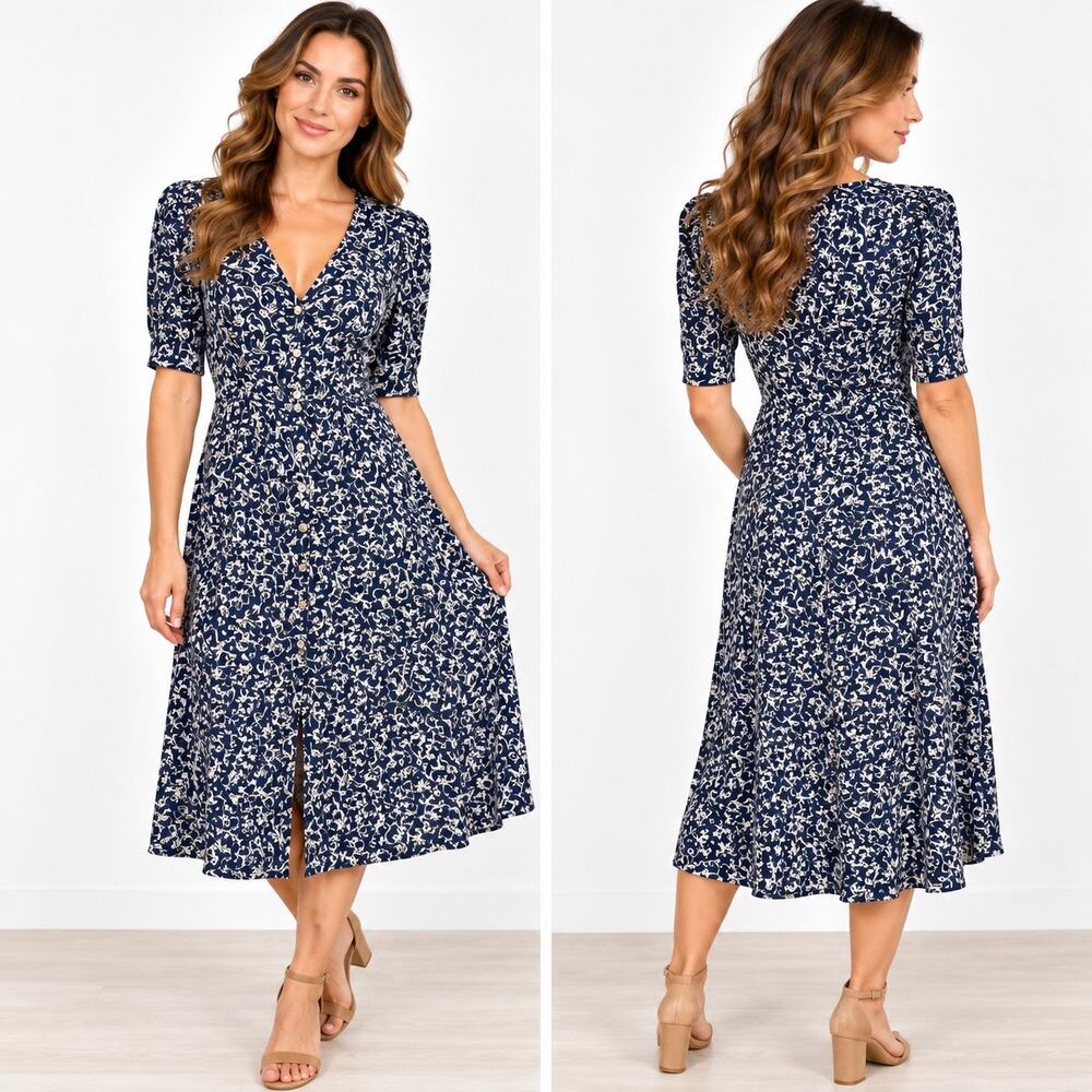 Express Vintage 90s Navy Floral Button Front Midi Shirt Dress Womens Size 10